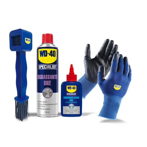 KIT COMPLETO MANUTENZIONE OFF ROAD: comprende uno sgrassatore per bici, un lubrificante per catene in condizioni di bagnato, guanti di precisione e una spazzola per la pulizia della catena su 4 lati, per una cura completa della bici off road.