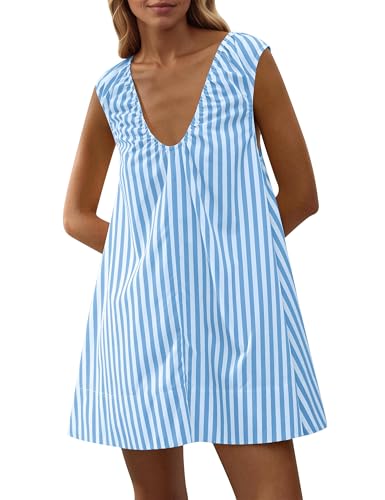 Image of OLAPTA Women Summer Sleeveless Babydoll Mini Tank Dresses Loose Fit Scoop Neck Ruched Short Dress with Pockets Party Clubwear