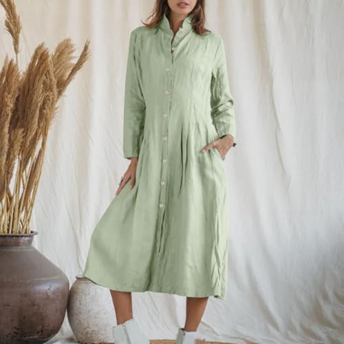 Cotton Linen Midi Shirt Dresses for Women Fall Casual Loose Long Sleeve Collared Button Down Pleated Dress with Pockets2