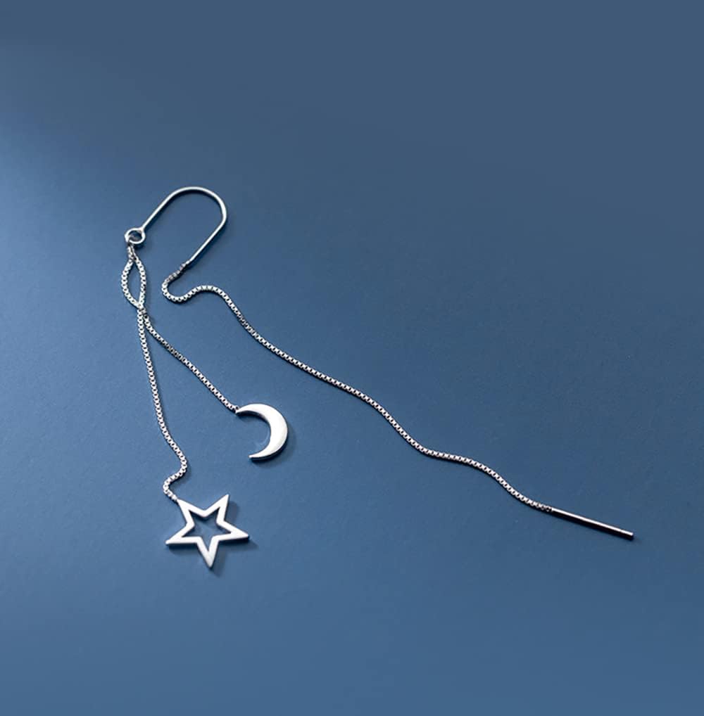 Reffeer Solid 925 Sterling Silver Moon Star Threader Dangle Earrings Chain for Women Teens Long Dangle Earrings Tassel Chain