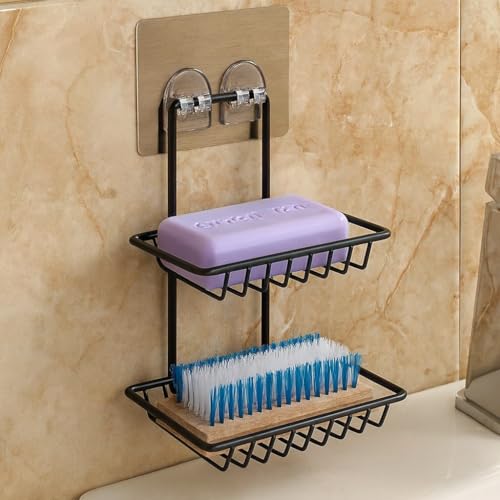 Image of 2-Tier Wall Mounted Soap Holder for Bathroom | Self Adhesive Soap Dish Rack | Rustproof Metal Shower Organizer | Strong Sticker Mount, No Drill, Space Saving Storage Shelf