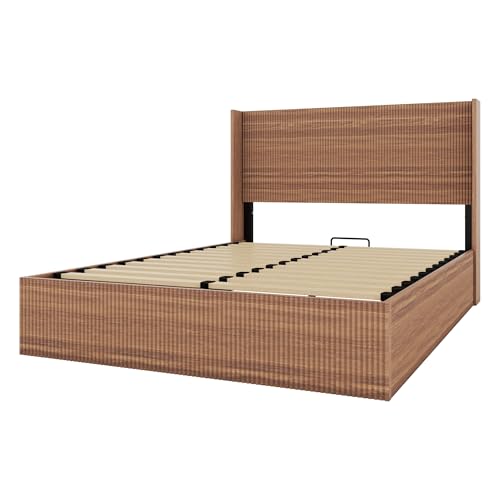 Image of Ball & Cast Queen Size Lift Up Storage Bed Frame with Wingback Headboard,Wooden Grooved Undulating Platform Bed Frame Queen with Hydraulic Storage,No Box Spring Needed,Rustic Brown