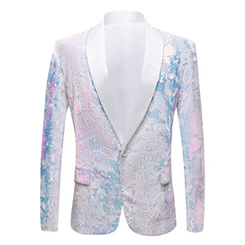 PYJTRL Hombres Moda Terciopelo Lentejuelas Patrón Floral Traje Chaqueta Blazer (M, Blanco)