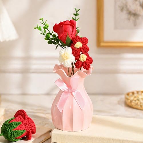 Image of Art Street Handmade Crochet Flower Vase with Artificial Rose | Red & White Knitted Flowers with Green Leaves | Decorative Pink Vase with Ribbon for Home Decor, Birthday, Anniversary