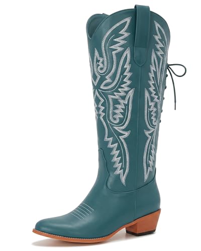 Image of Uillnoodu Wide Calf Cowboy Boots Women Adjustable Lace Up Knee High Tall Plus Size Cowgirl Boots Western Style Comfortable 2-Inch Heel