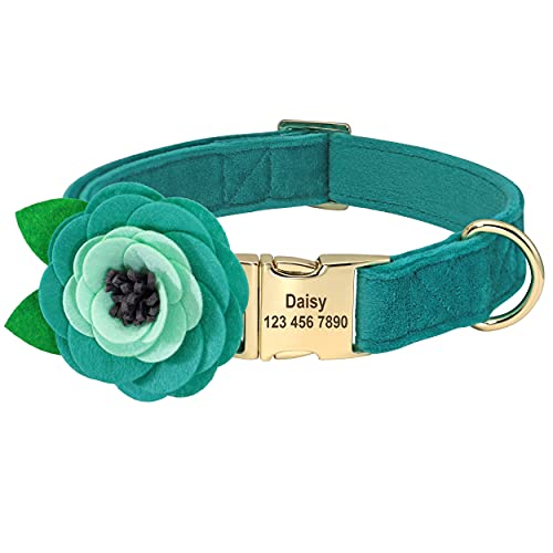 Beirui Soft Velvet Girl Dog Collars With Removable Flower Accessories - Personalized Cute Dog Collar With Custom Name Plate Engraved - Adorable Collar For Small Medium Large Dogs (Green,S) #TOP25