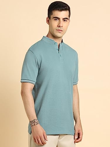 Image of Dennis Lingo Men's Cotton Solid Stand Collar Regular Fit T-Shirt