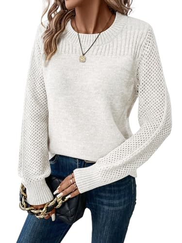 RICHSTORY Womens Fall Fashion 2025 Casual Long Sleeve Crewneck Crochet Sweater Loose Lightweight Knit Fall Sweaters for Women White Large