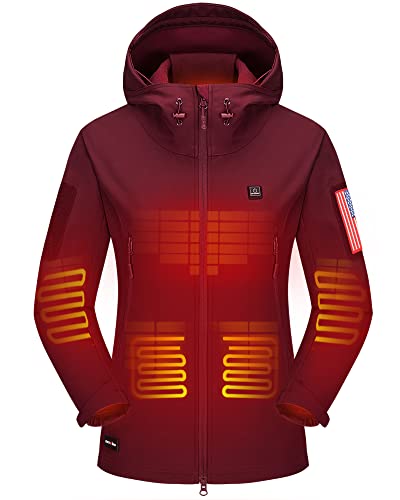 DEWBU Heated Jacket with 12V Battery Pack Winter Outdoor Soft Shell Electric Heating Coat, Women's Red, M