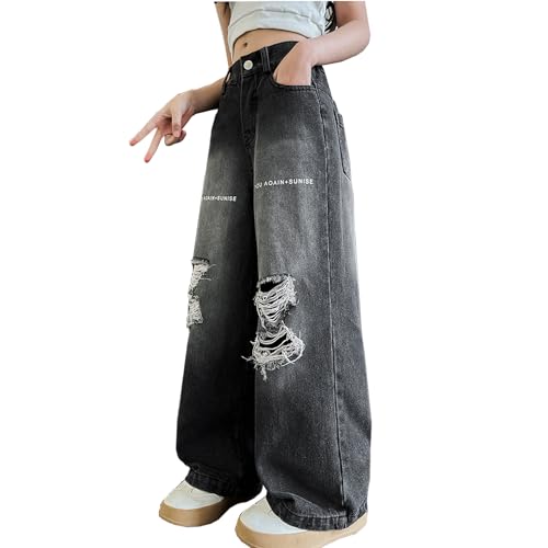 Girls Ripped Jeans Casual Elastic Waist Wide Leg Baggy Pants Kids Clothes 5-14 Years2