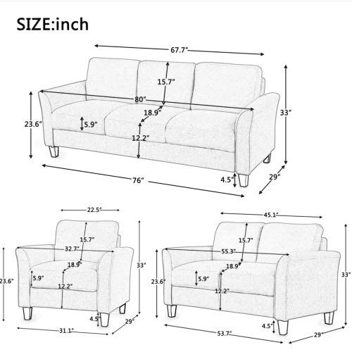 UNIROI Pieces Living Room Couch, 3 Seats Loveseat Single Chair Sofa Set, Black 2
