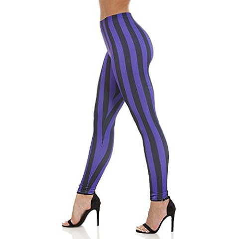 Womens - Striped (Purple/Black) Pattern Stretch Leggings - Made in the U.K exclusively for the Mrs Barrett clothing range by Pamela Mann Cover