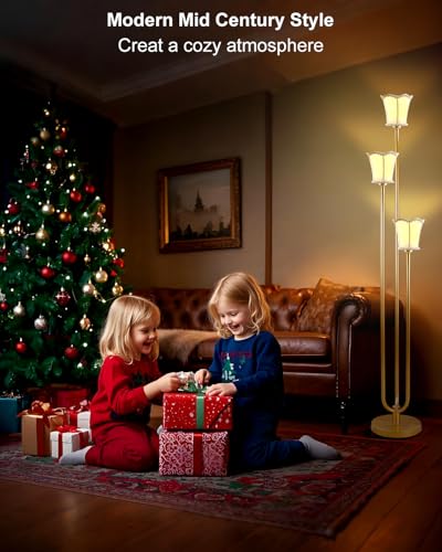 Image of Lightdot 63IN Gold Floor Lamp 3-Lights LED Floor Lamps with 3000K Soft Warm White for Wedding /Party, U-Pole with Fabric Lampshade Modern Tall Lamp for Living Room /Bedroom (Bulbs Included)