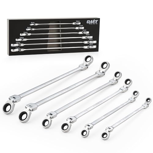 Image of OMT 6Pc Metric Extra Long Flex-Head Ratcheting Wrench Set, 8-19mm Range | Durable 40CrV Steel Build; 72-Tooth Gearing; 180 Rotating Flex-Head; 12-Point Design; High-Torque Performance For Mechanics