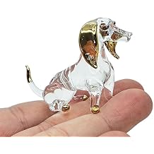 WitnyStore Tiny 214" Long Clear Gold Sitting Dachshund Figurine - Miniature Hand Blown Painted Glass Dogs Puppy Hound Canine Domestic Pet Animals Crystal Decorative Collectibles Figurines Decor Gifts