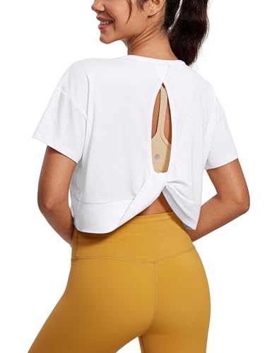 CRZ YOGA Open Back Short Sleeve Crop Top for Women Loose Athletic Yoga Workout Shirts Casual Cropped T-Shirts
