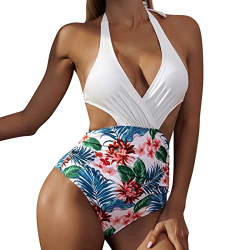 Traje de baño para mujer de 1 pieza estampado sexy sin espalda con cuello en V modelo de una pieza para playa 2026, blanco, M