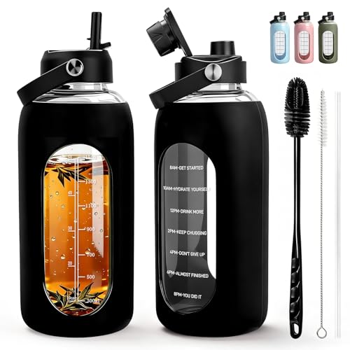 Image of Aqulea 64oz oz Glass Water Bottle with 2 Lids - Spout & Straw Lids, Borosilicate Glass Water Bottle with Time Marker & Silicone Sleeve, Leakproof