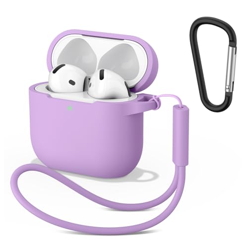 Wanme Cover per AirPods 4 2024 Case, Custodia Protettiva in Morbido Silicone per AirPods 4 con Moschettone e Corda Sospesa, LED Visibile, Lavanda