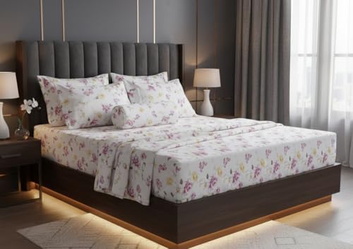 Image of 400 TC Cotton Feel Glace Cotton Fully Elastic Fitted Bedsheet Queen Size Double Bed with 2 Pillow Covers (60 inch x 78 inch inches, GeoFusion)