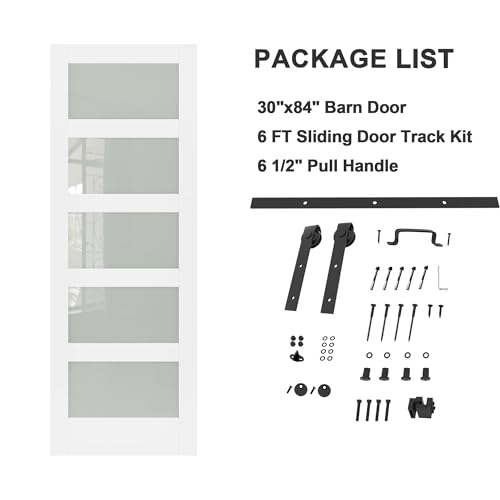 Image of 30 inchx84 inch Frosted Glass Barn Door with 6FT Sliding Hardware & Handle, White | Pre-Drill Holes Barn door for Easy Assembly, Solid Wood Sliding Barn Door with Excellent Privacy Protection & Sound Reduction