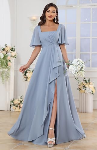 Square Neck Flutter Sleeve Bridesmaid Dresses for Women Long Slit A Line Chiffon Formal Evening Gown2