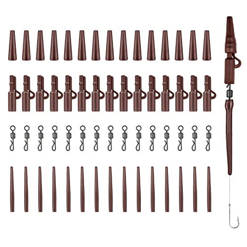 Realure 60 Pcs Lead Clips Carp Fishing Accessories Safety Lead Clips Action Pack with Clips Anti Tangle Sleeves Rubber Tails and Quick Change Swivels for Small Weights,Feeder (Brown)