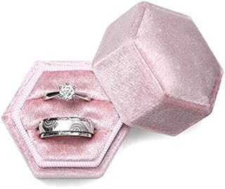 Etercycle Wedding Ring Box, Hexagon Double Ring Bearer Box with Detachable Lid, Vintage Jewellery Case Velvet Ring Gift Box for Engagement Proposal Birthday Ceremony (Pink)
