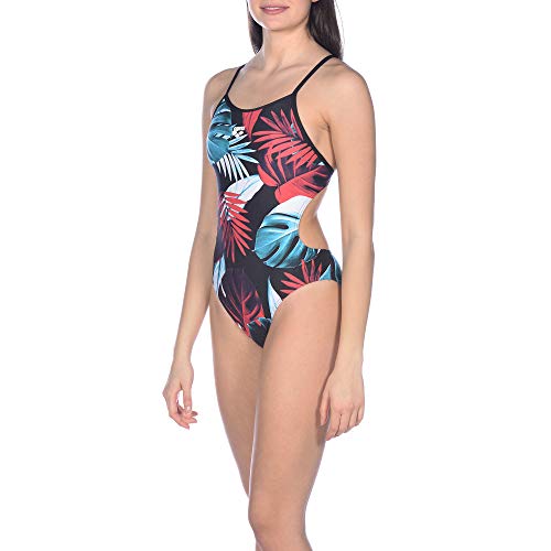arena Tropical Leaves Tie Back Maxlife One Piece Swimsuit, Black - Multicolor, 32