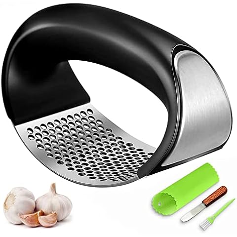 Garlic Press Rocker, Stainless Steel Garlic Mincer Crusher Professional Kitchen Gadgets Garlic Chopper with Ergonomic Handle, Silicone Garlic Peeler Cover