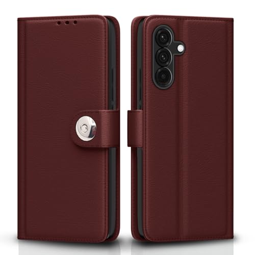 Image of Pikkme Flip Cover Leather Finish | Inside TPU with Card Pockets | Wallet Stand and Shock Proof | Complete Protection Button Flip Case for Samsung Galaxy A56 5G(Brown)