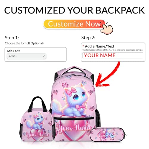 3PCS Backpack for Girls, Personalized Cat Backpacks for Kids, Custom Schoolbag with Lunch Bag Pencil Case for Children Teens Cat Lovers, Back to School Gift Idea for Preschool Primary Middle2