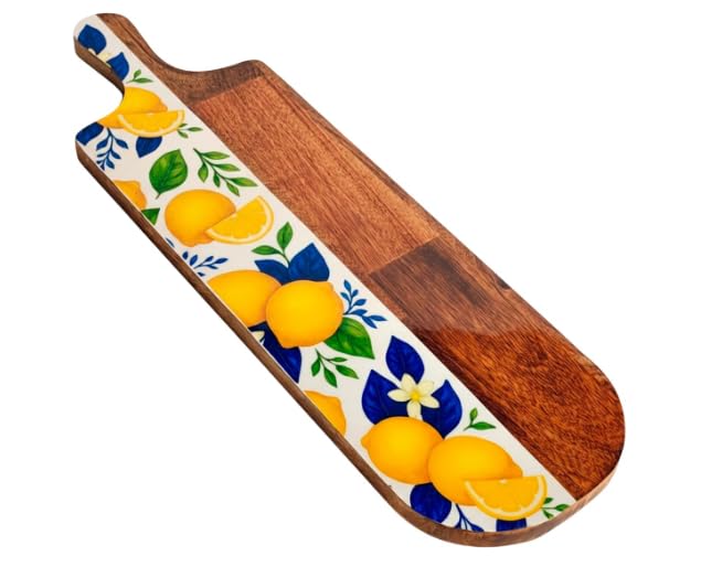 Grande Planche à Découper Motif Citrons – Bois de Manguier & Résine – 49 x 15 cm – Décor Agrumes Jaune Bleu – Collection HappyDko