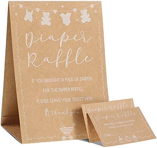 50 Pieces Diaper Raffle Tickets and 1 Sign Baby Shower Games Baby Shower Invitations with Diaper Raffle Cards Kraft Paper Baby Gender Neutral Tickets for Baby Shower Party Favor Decorations Supplies