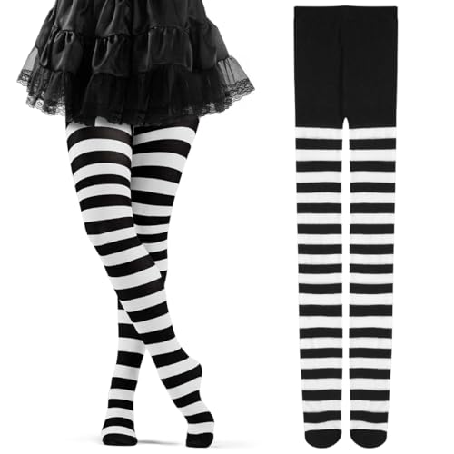 Cadimus Meias de riscas, leotardos às riscas mulher, meias carnaval mulher, meias opacas, adequado para Halloween, carnaval, festas temáticas de disfarces - preto e branco