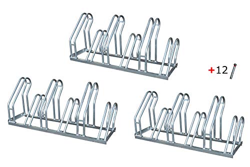 Aparcabicicletas soporte para aparca Bicicleta suelo Aparcamiento de bicicletas garaje Parking de 6 Bicis acero galvanizado (3- Aparcabicicletas + T)