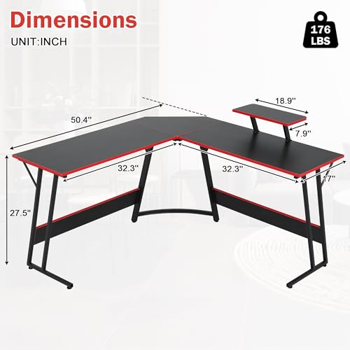 Image of L Shaped Gaming Desk, 50 inch Corner Desk, Spacious Dual Tops, P2 Particleboard, Metal Z-Legs, Adjustable Non-Slip Pads, Scratch /Waterproof, Multi-Use Home Office /Game Room /Dorm