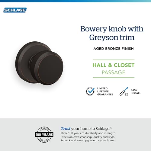 Image of SCHLAGE F10 BWE 716 GSN Greyson Collection Bowery Passage Lock Knob, Aged Bronze 2.75 diameter