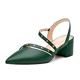 GUAVAIVY Women's Low Block Heel Pumps - Pointed Toe Slingback Slip-On, Solid Color Dress Shoes for Weddings, Parties & Everyday Wear Dark Green Matte Size 8