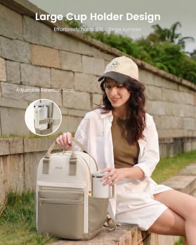 Image of LOVEVOOK Laptop Backpack for Women with Giant Tumbler Holder Pocket, 17.3 inch Laptop Computer Bag Travel Backpack Purse, Waterproof Work Nurse Teacher Bag College School Bookbag, Khaki & Beige