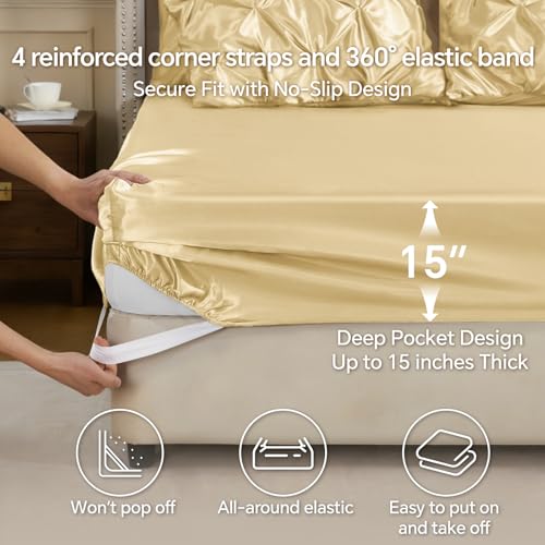Image of BEDELITE Satin Comforter Set Full Size, 7 Pieces Pintuck Bed in A Bag with Comforter, Flat Sheet, Fitted Sheet, Pillowcases, Shams, Soft Cozy Similar to Silk Bed Set for All Seasons (Champagne)