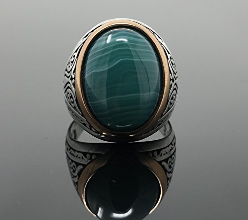 KAR 925K Stamped Sterling Silver Special Green Agate Men's Ring K52E4