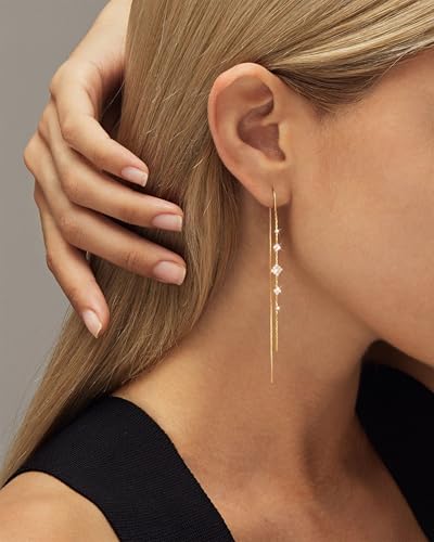 MBW Gold Threader Earrings for Women, 14K Dangle Long Chain Drop Earrings Dangling, Dainty Elegant Dangly Ear Chain with Tassel and Cubic Zirconia for Wedding Hoco Trendy Jewelry Accessories Gifts2