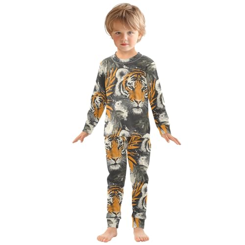 Pajama Sets Long Sleeve Tiger Face with Leaves Soft Comfy Sleepwear 2 Piece PJS 3-8T2
