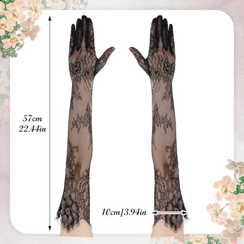 Black Lace Gloves, Elegant Long Lace Gloves Women, Floral Mesh Tea Party Glove for Bridal Wedding Engagement Cocktail Cosplay Halloween Accessories (Elbow Length)4