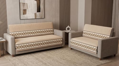 Image of KINGLY Sofa Cover 5 Seater 3+2 Velvet Full Cover - Cream Beige | Fully covered quilted velvet slipcover, washable anti-slip thick furniture protector for 3+2 living room sofa