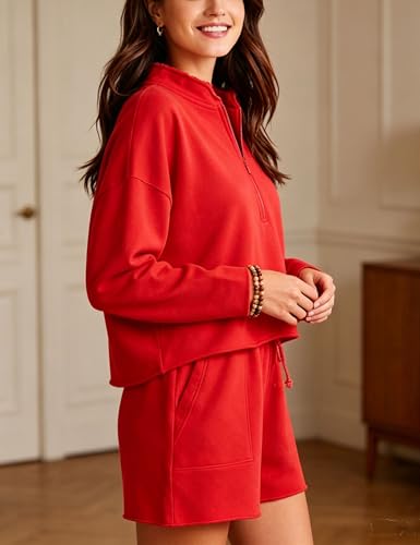 Image of Bozanly Two Piece Outfits for Women Trendy Long Sleeve Tops Shorts Set
