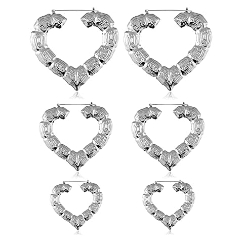 3 Pair Large Bamboo Statement Lightweight Big Hoop Earrings Set for Women Girls Chunky Hollow Love Heart Shaped Huggie Hoops Earring Punk Fashion Party Jewelry Cover