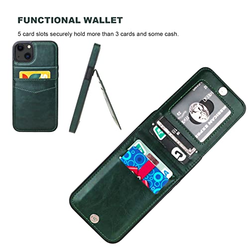Image of KIHUWEY Compatible with iPhone 13 Case Wallet with Credit Card Holder, Premium Leather Magnetic Clasp Kickstand Heavy Duty Protective Cover for iPhone 13 6.1 Inch(Green)