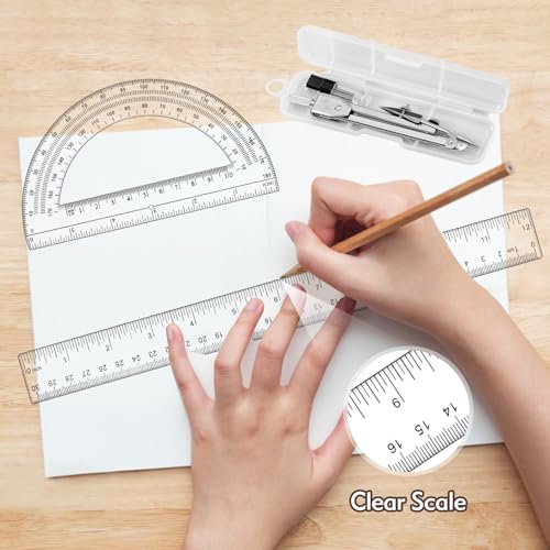 image for CNTVO 3 Pcs Plastic 12 Inch Ruler, Clear Protractor and Compasses Set 